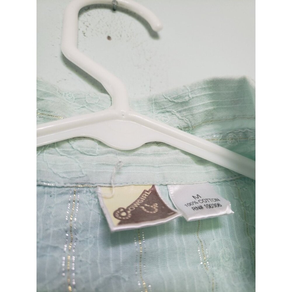 Cowgirl Up Womens M Shirt Pearl Snap Front Studded Metallic Stripe Green Western - Picture 5 of 5